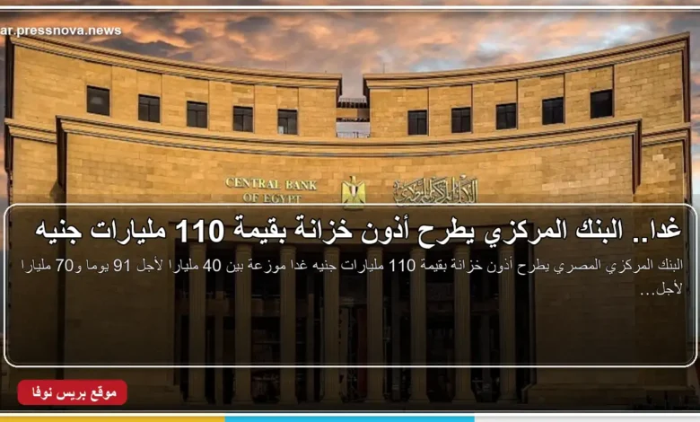 البنك المركزي المصري يطرح أذون خزانة بقيمة 110 مليارات جنيه